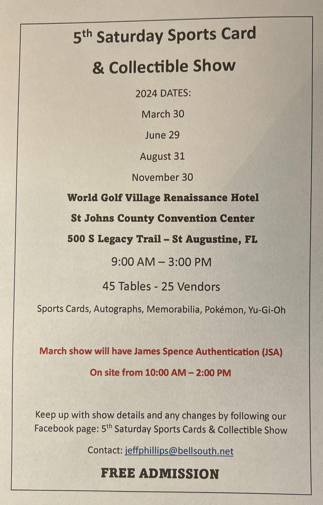 5th Saturday Sports Card & Collectible Show - St. Augustine
